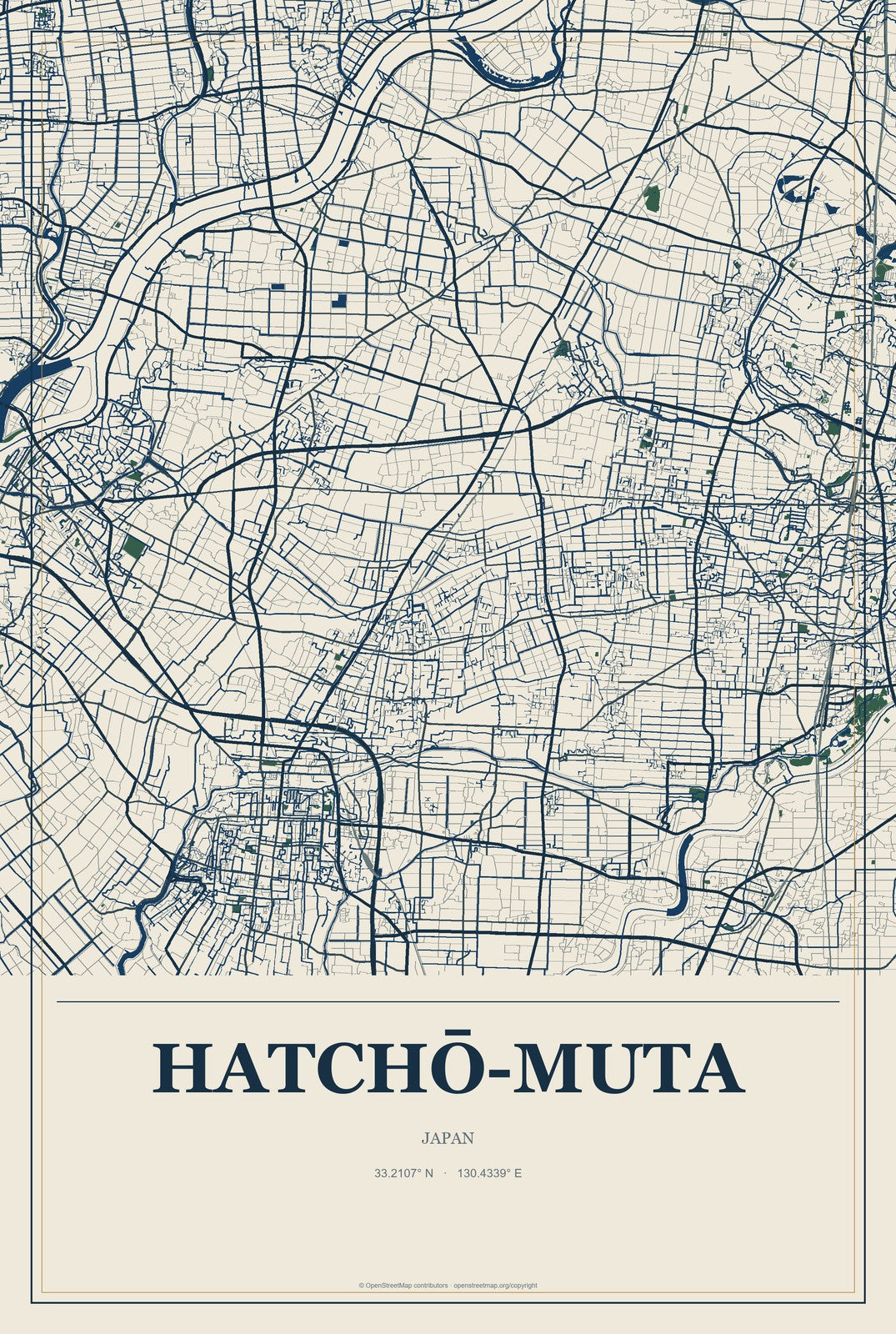 Hatchō-muta, Japan City Map Aluminum Sign in Coastal Cutout style