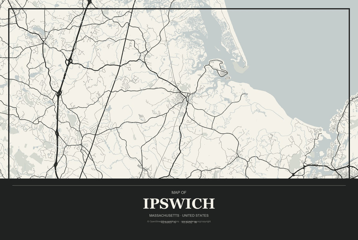 Ipswich, Massachusetts City Map Aluminum Sign in Museum Plaque style