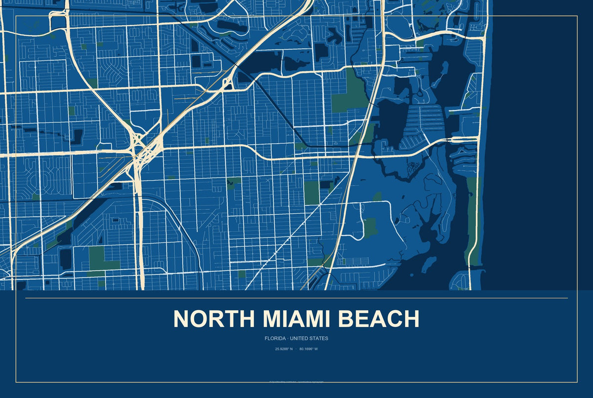 North Miami Beach, Florida City Map Aluminum Sign in Harbor Cobalt style
