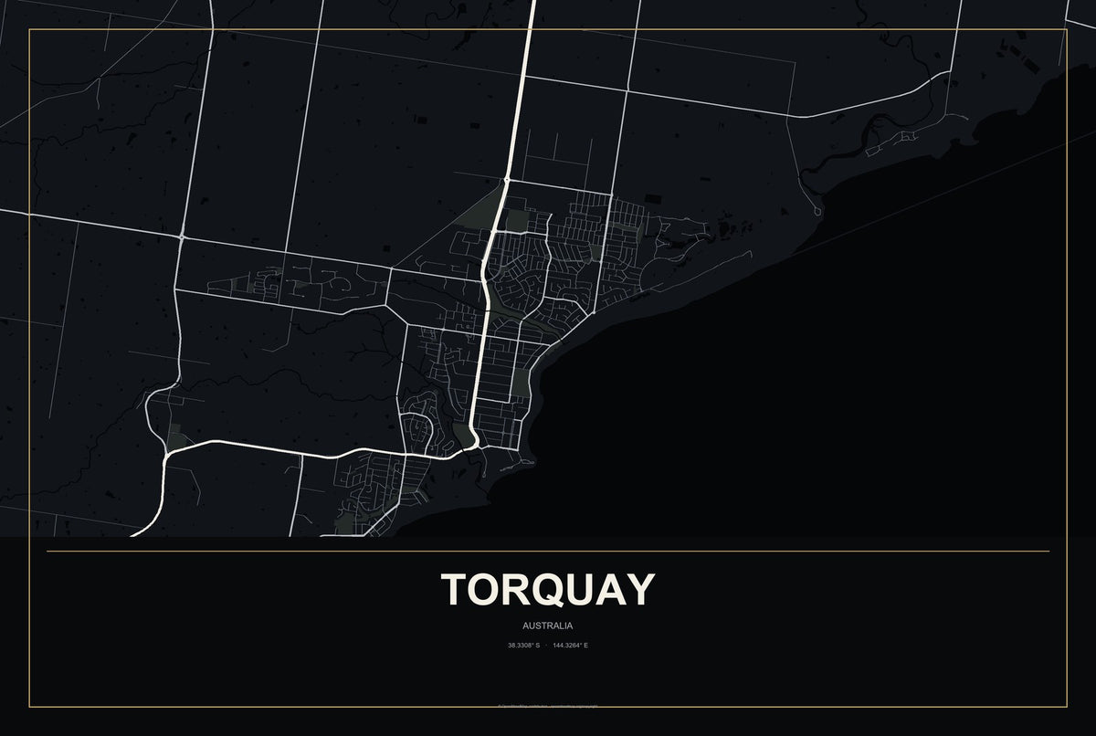 Torquay, Australia City Map Aluminum Sign in Metropolitan Noir style