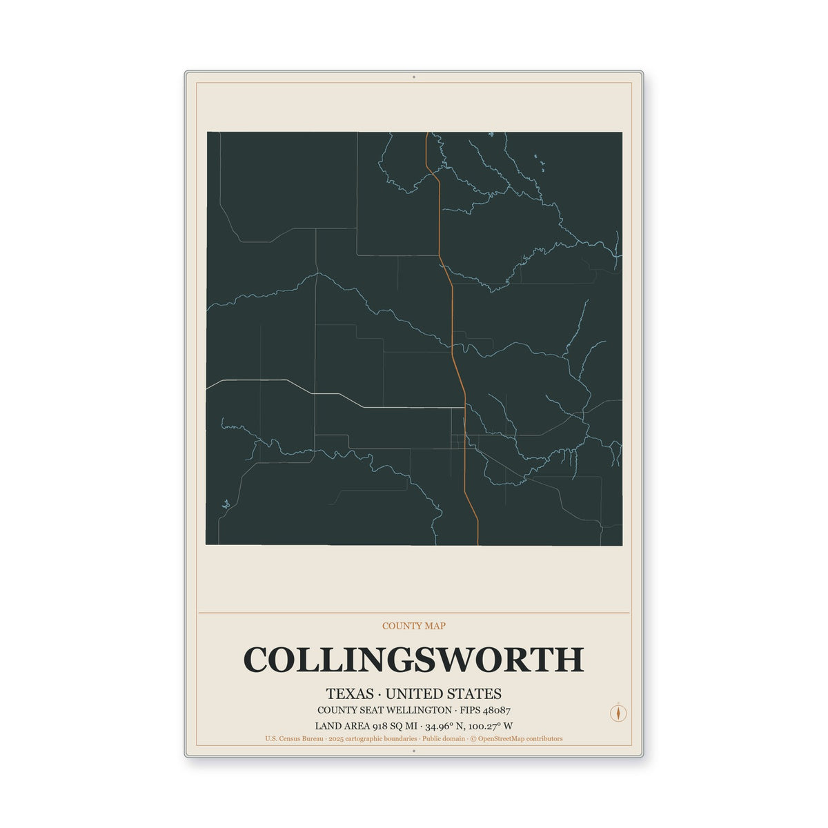 Collingsworth County, Texas Map Aluminum Sign in Headline Atlas style