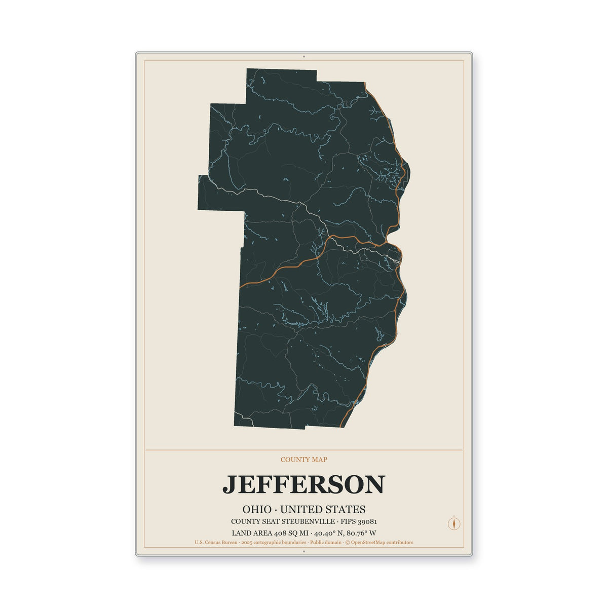 Jefferson County, Ohio Map Aluminum Sign in Headline Atlas style