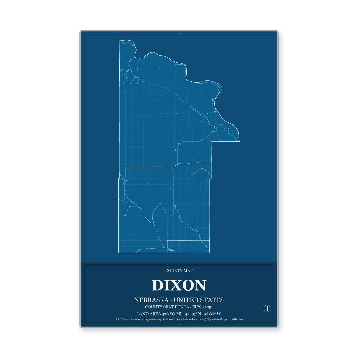 Dixon County, Nebraska Map Aluminum Sign in Harbor Cobalt style