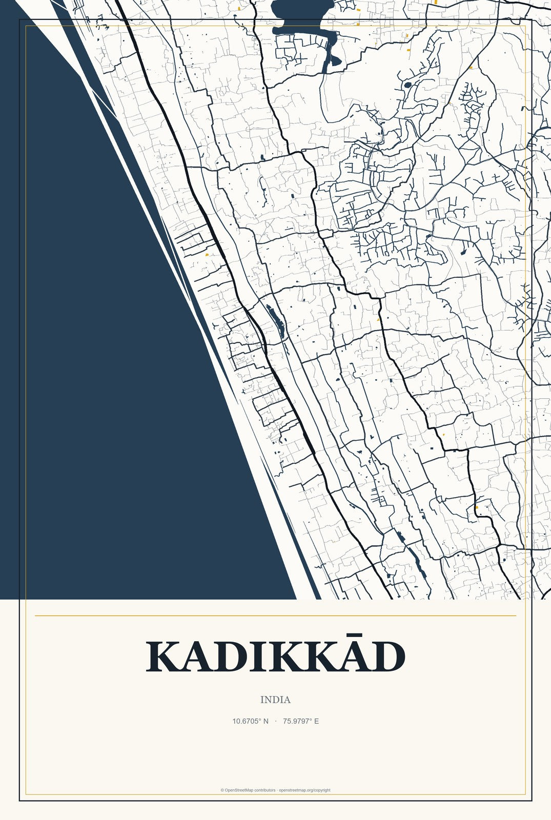 Kadikkād, India City Map Aluminum Sign in Citrine Modern style