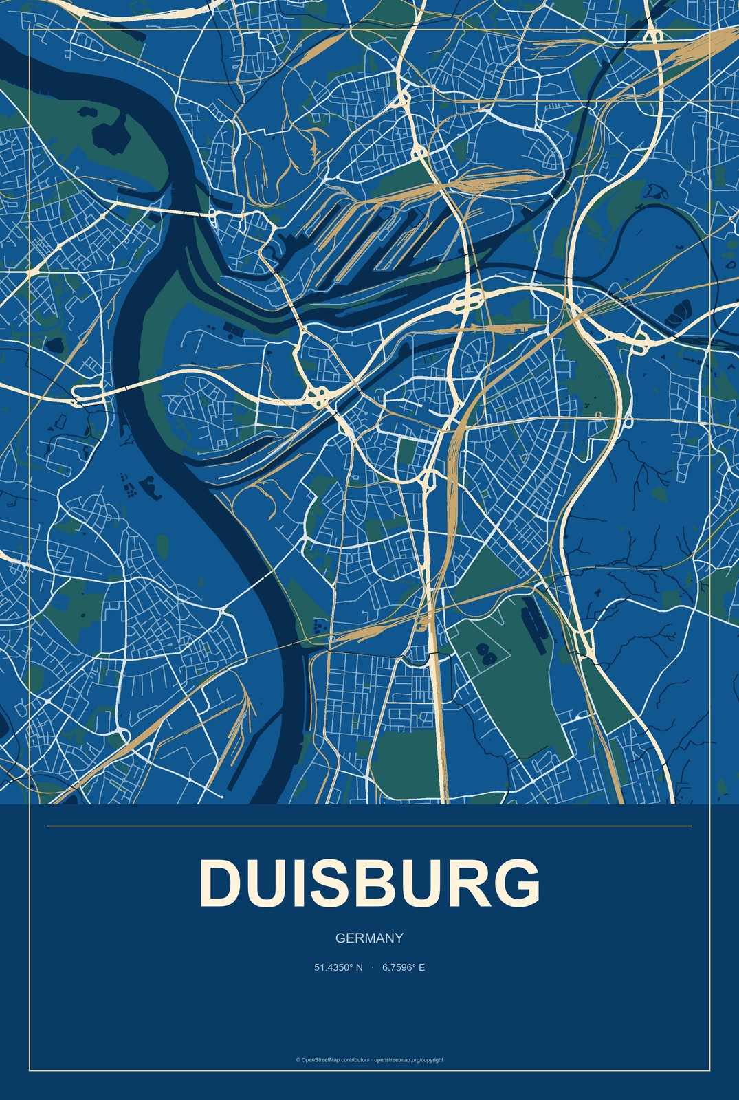 Duisburg, Germany City Map Aluminum Sign in Harbor Cobalt style
