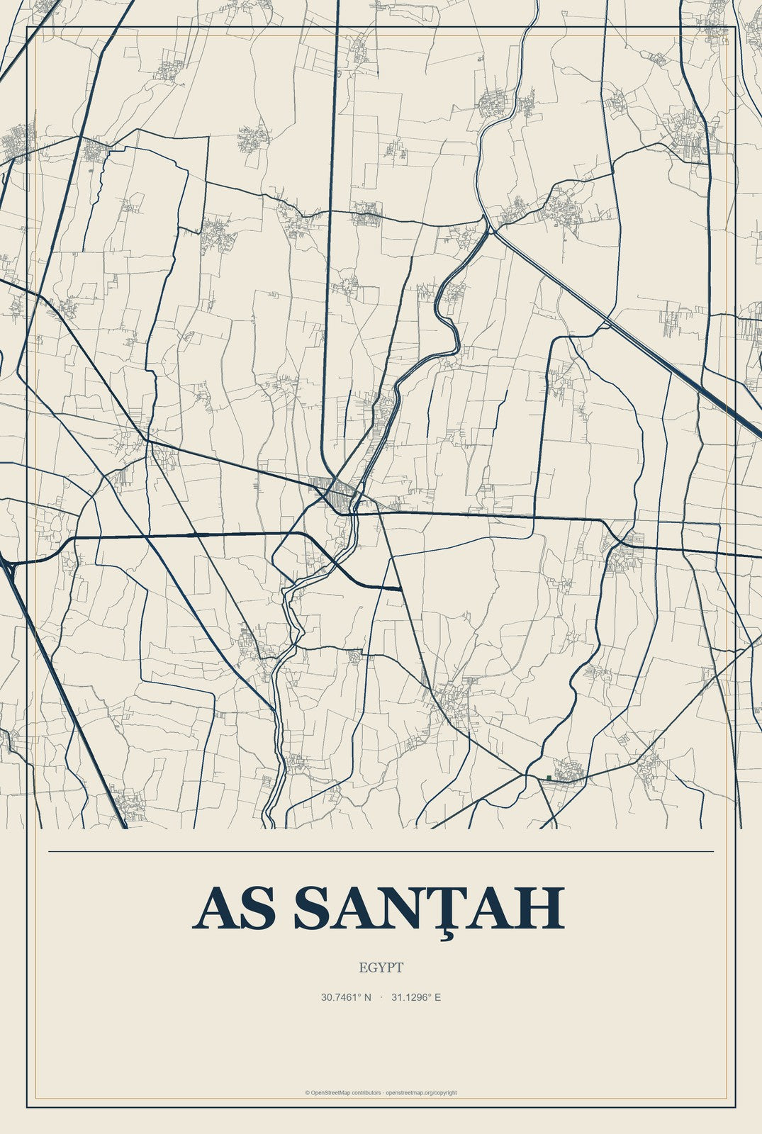 As Sanţah, Egypt City Map Aluminum Sign in Coastal Cutout style