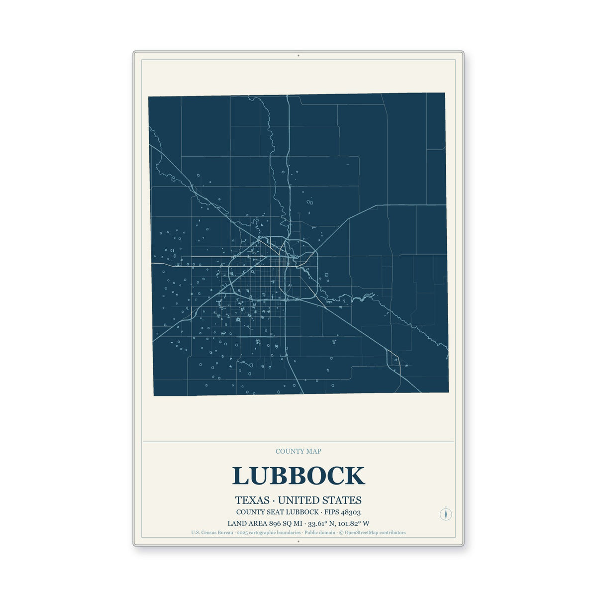 Lubbock County, Texas Map Aluminum Sign in Coastal Cutout style