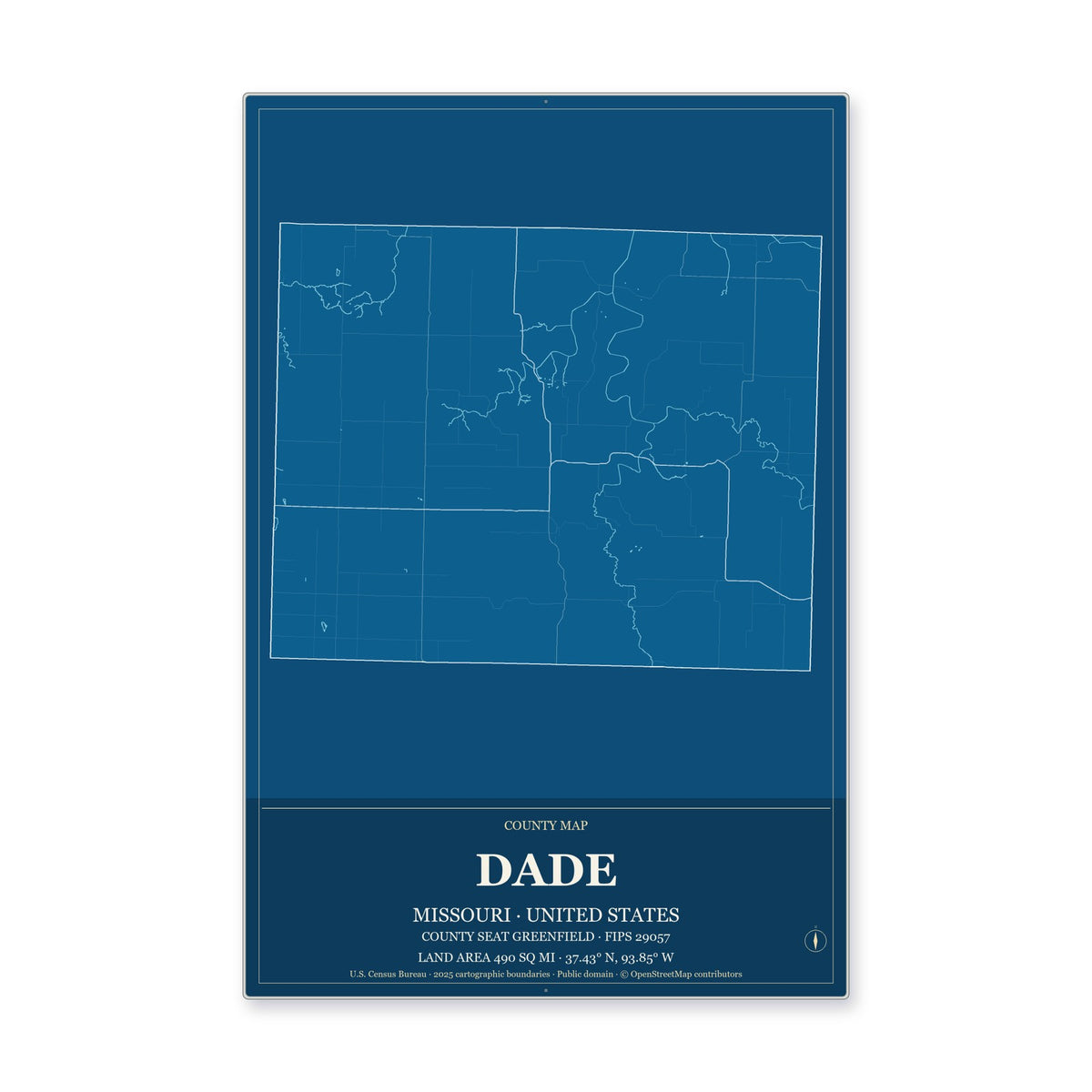 Dade County, Missouri Map Aluminum Sign in Harbor Cobalt style
