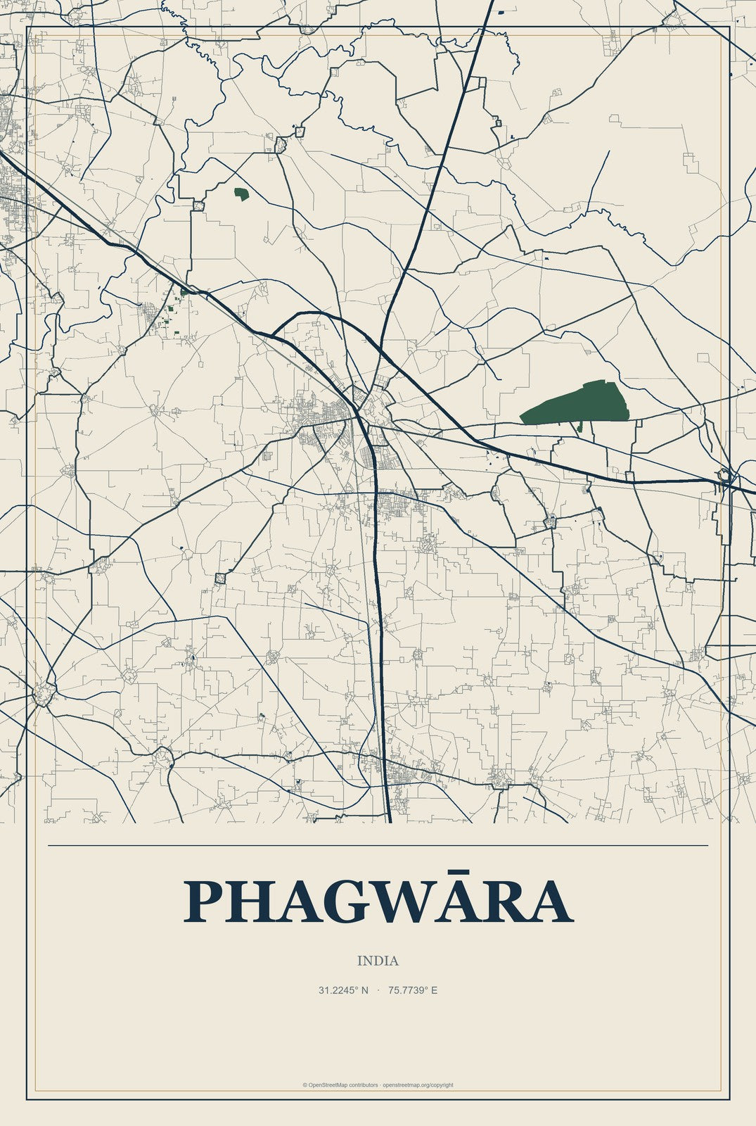 Phagwāra, India City Map Aluminum Sign in Coastal Cutout style