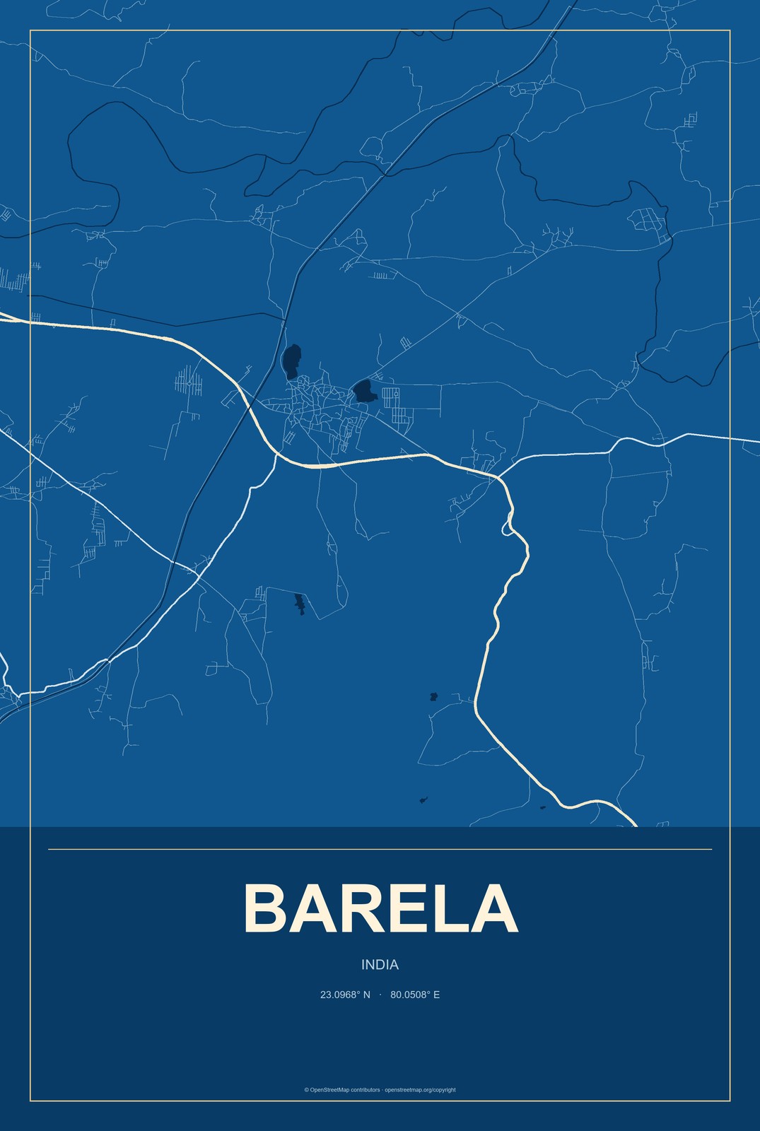 Barela, India City Map Aluminum Sign in Harbor Cobalt style
