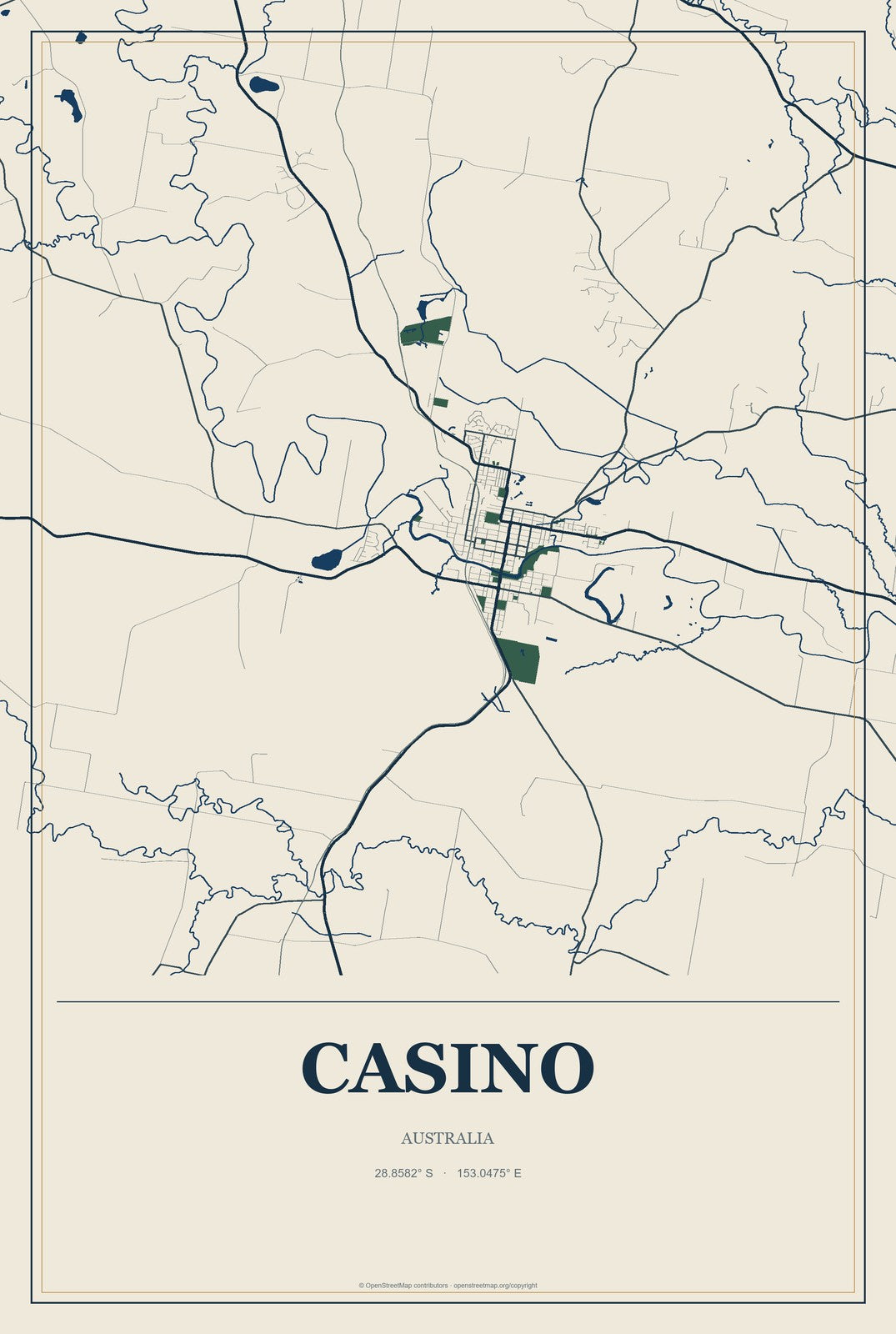 Casino, Australia City Map Aluminum Sign in Coastal Cutout style