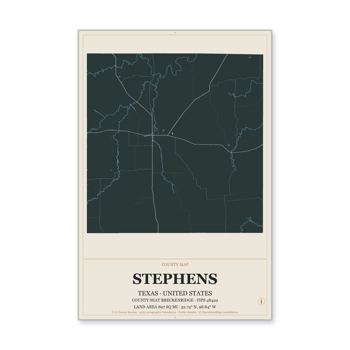Stephens County, Texas Map Aluminum Sign in Headline Atlas style