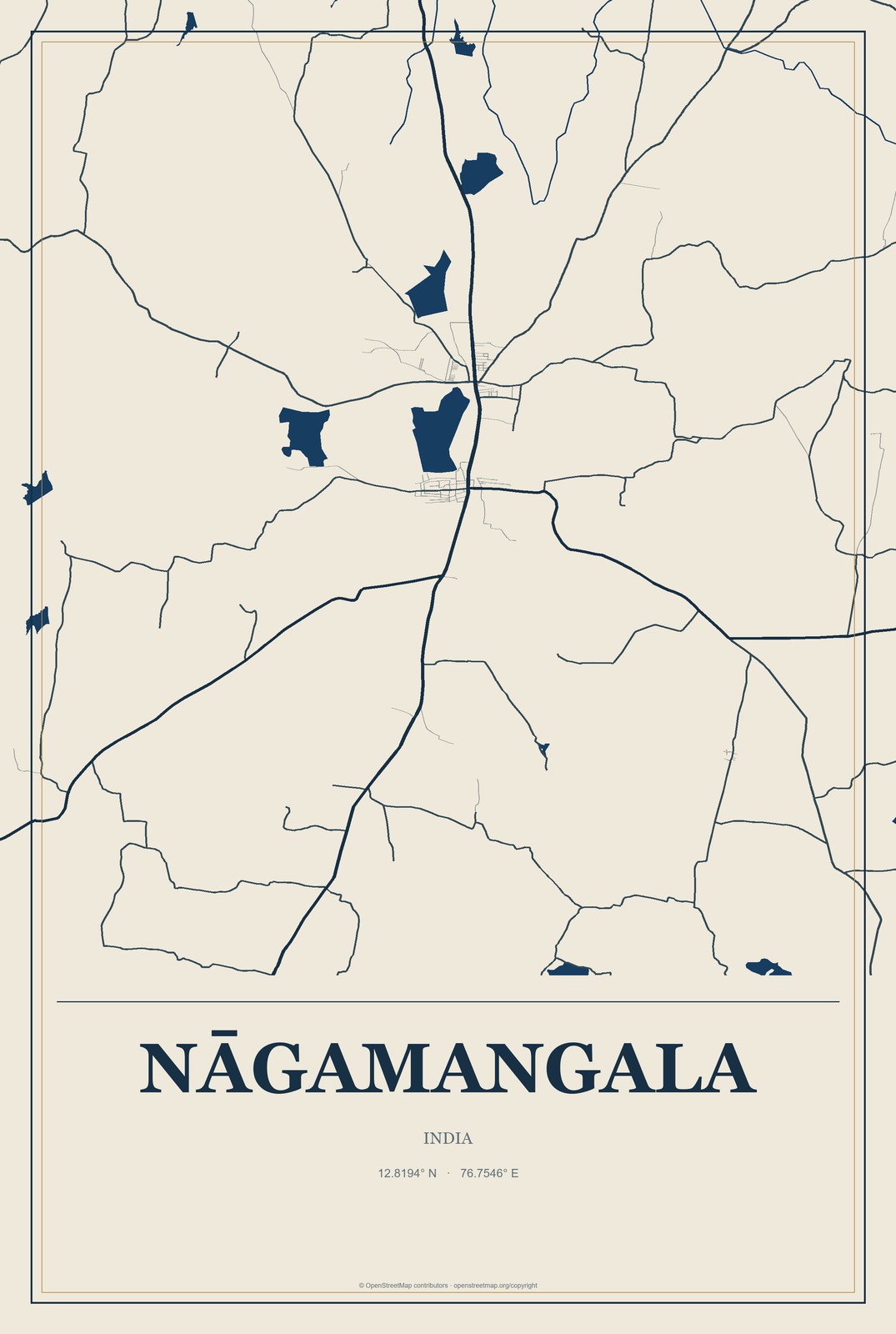 Nāgamangala, India City Map Aluminum Sign in Coastal Cutout style