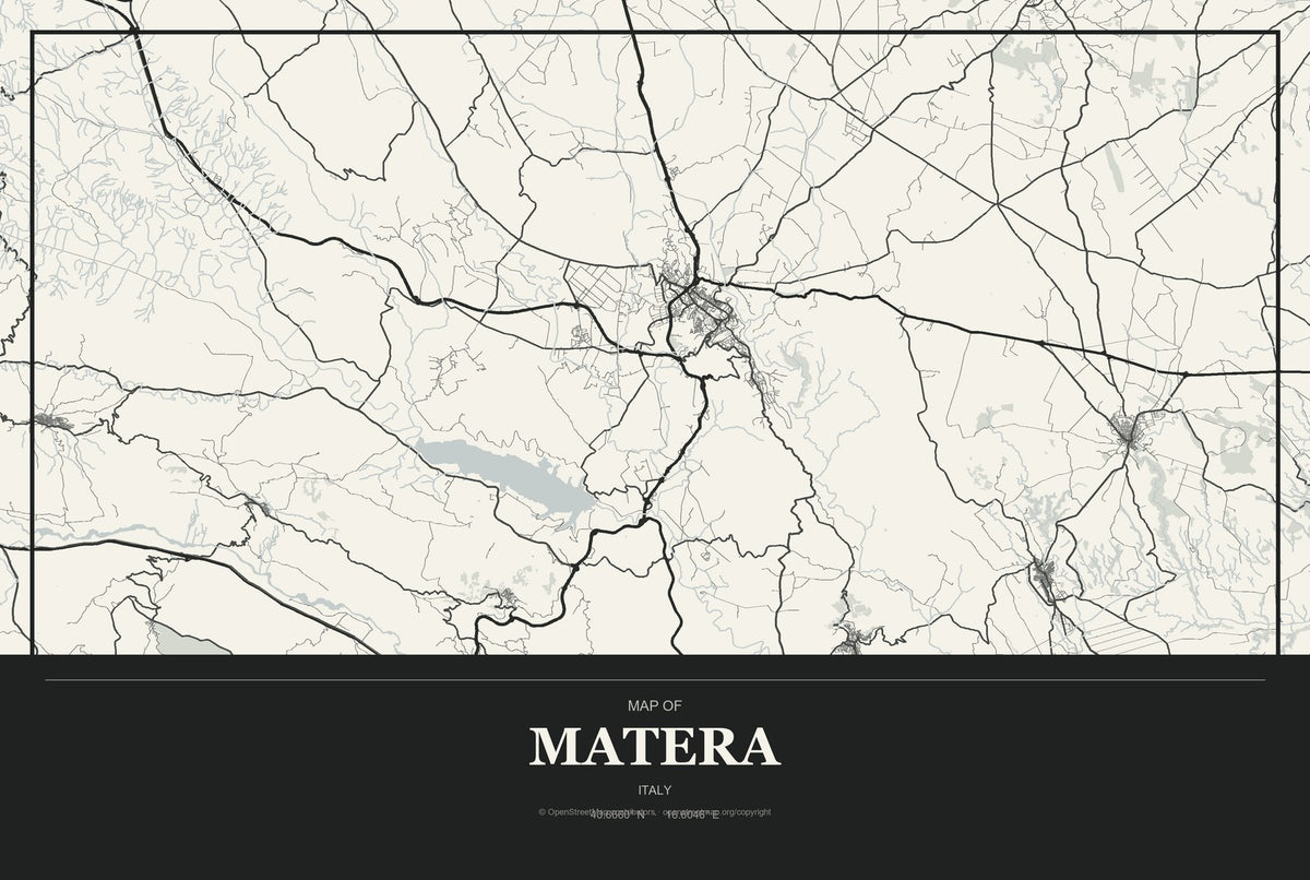 Matera, Italy City Map Aluminum Sign in Museum Plaque style