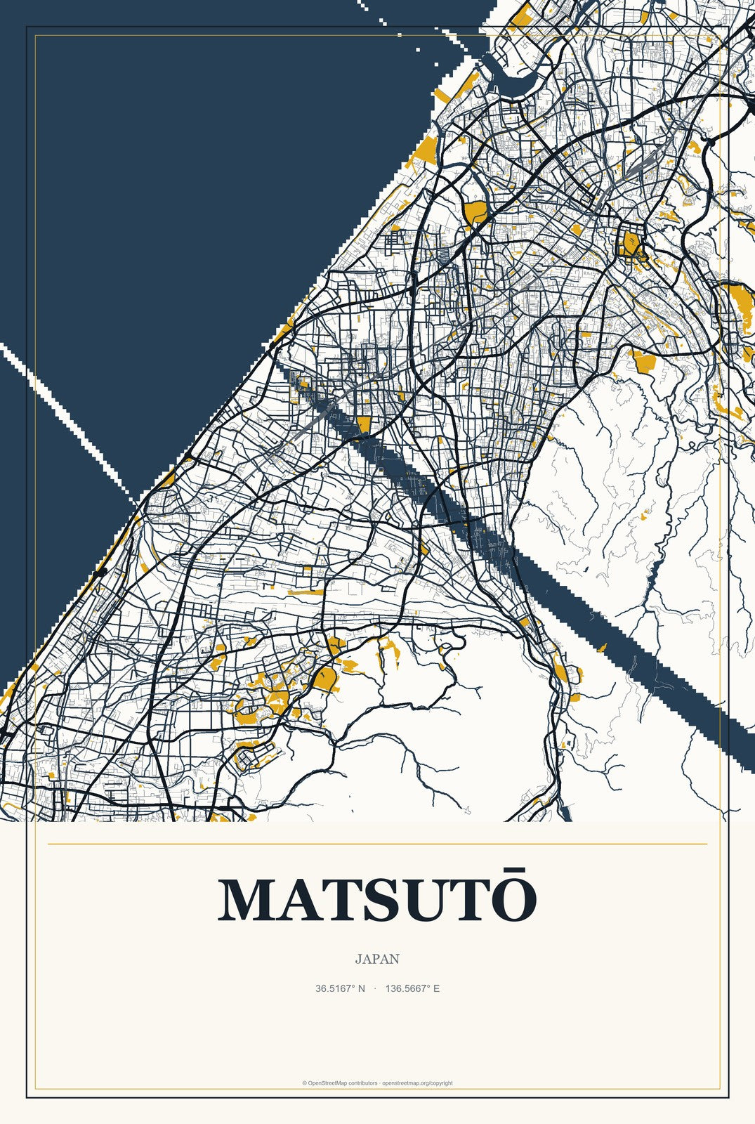 Matsutō, Japan City Map Aluminum Sign in Citrine Modern style
