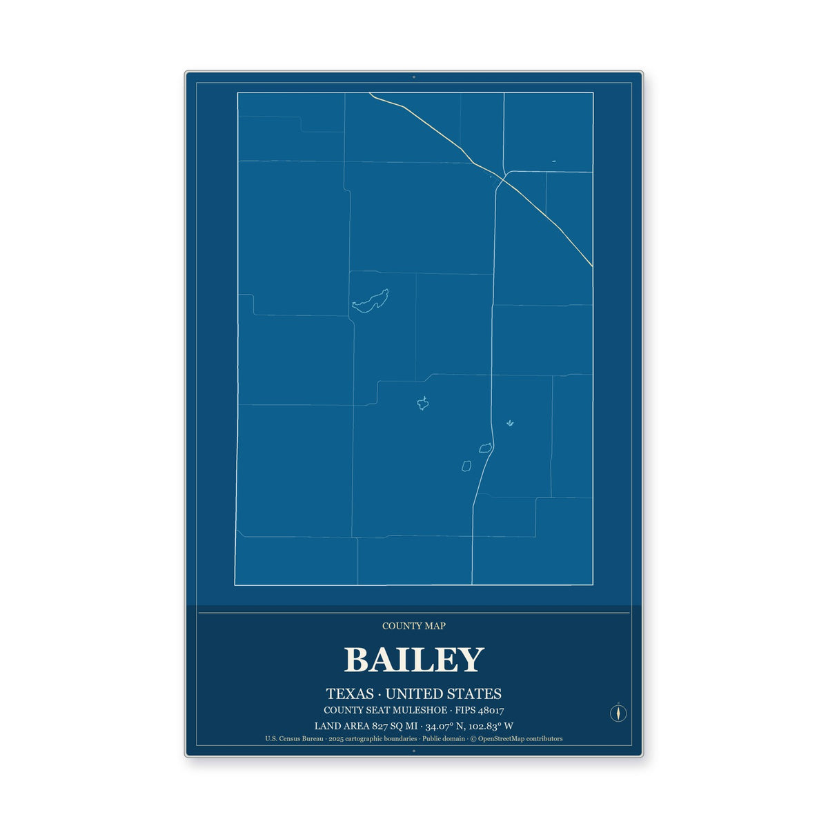 Bailey County, Texas Map Aluminum Sign in Harbor Cobalt style