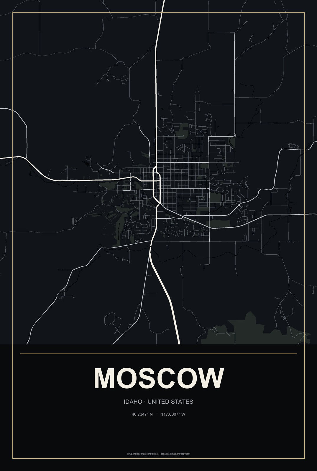 Moscow, Idaho City Map Aluminum Sign in Metropolitan Noir style
