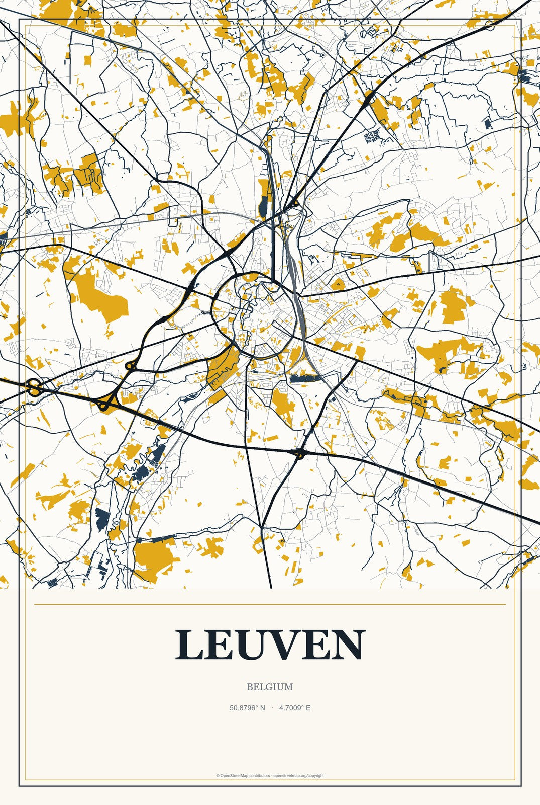 Leuven, Belgium City Map Aluminum Sign in Citrine Modern style