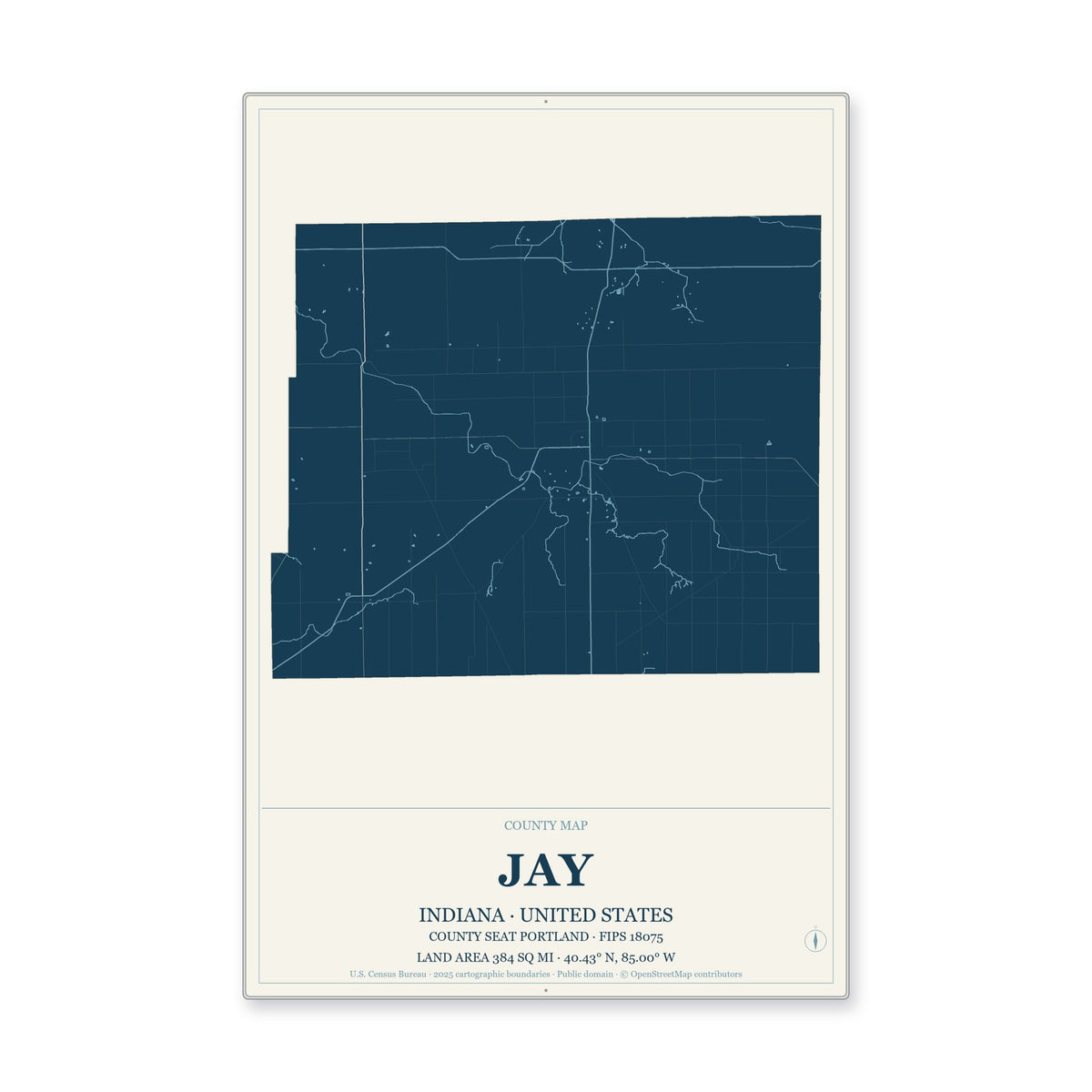 Jay County, Indiana Map Aluminum Sign in Coastal Cutout style