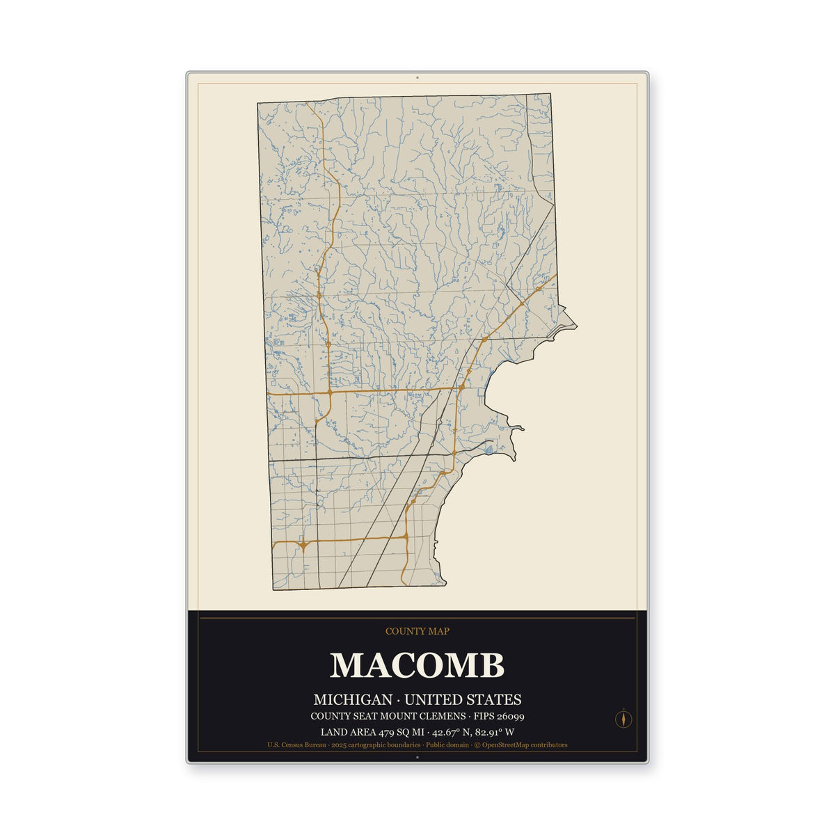 Macomb County, Michigan Map Aluminum Sign in Museum Plaque style