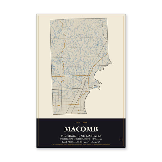 Macomb County, Michigan Map Aluminum Sign in Museum Plaque style