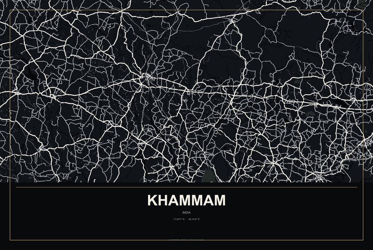Khammam, India City Map Aluminum Sign in Metropolitan Noir style