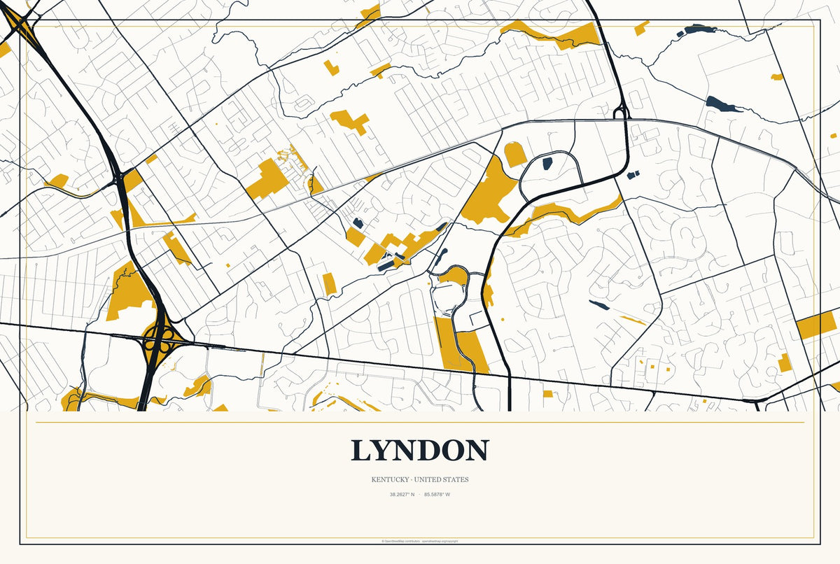Lyndon, Kentucky City Map Aluminum Sign in Citrine Modern style