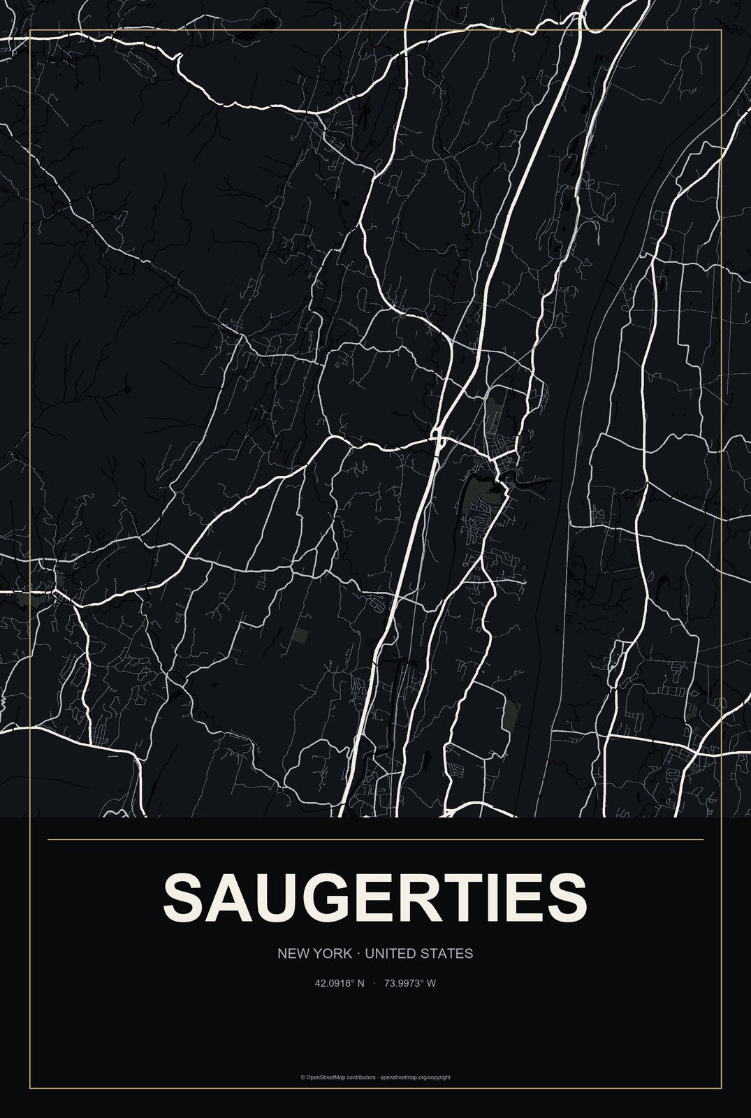 Saugerties, New York City Map Aluminum Sign in Metropolitan Noir style