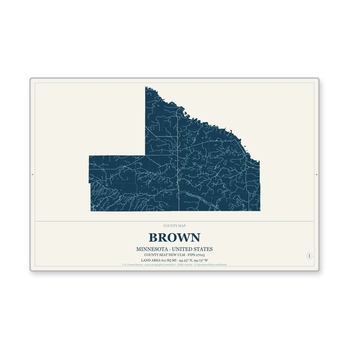 Brown County, Minnesota Map Aluminum Sign in Coastal Cutout style