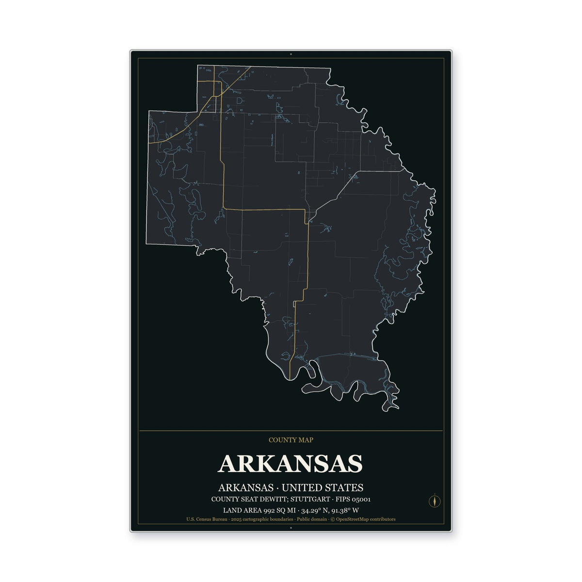 Arkansas County, Arkansas Map Aluminum Sign in Metropolitan Noir style