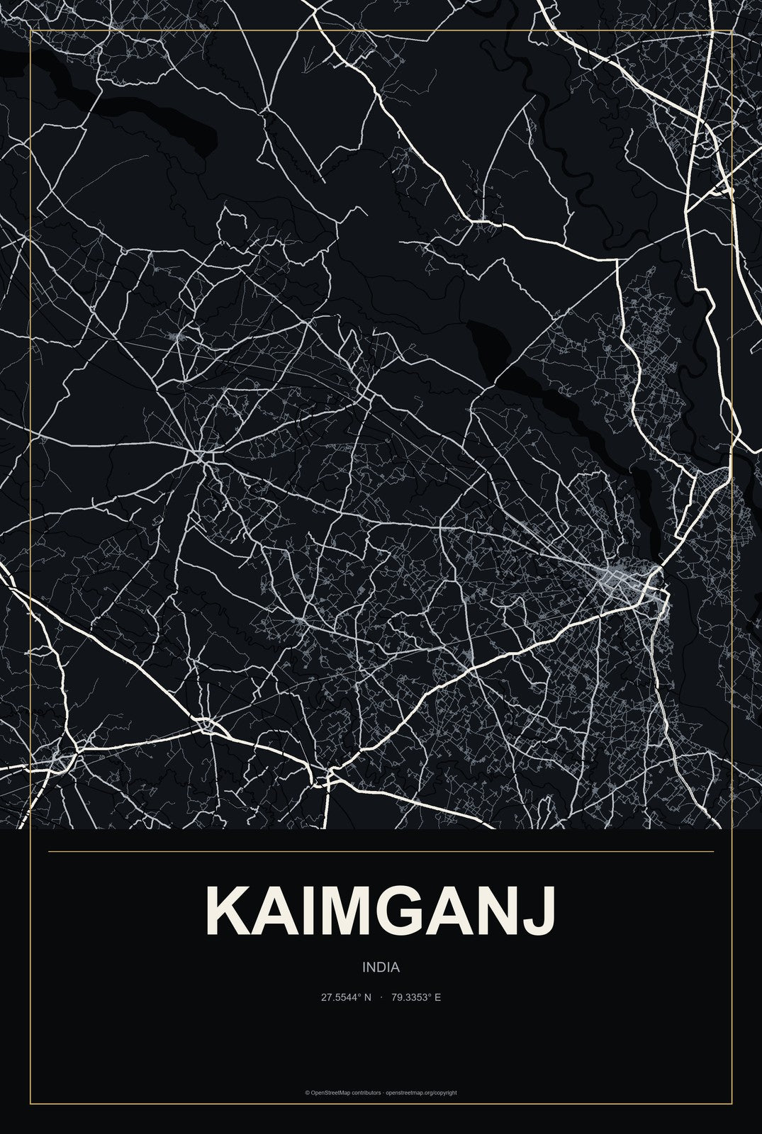 Kaimganj, India City Map Aluminum Sign in Metropolitan Noir style
