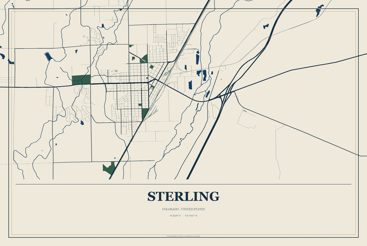 Sterling, Colorado City Map Aluminum Sign in Coastal Cutout style