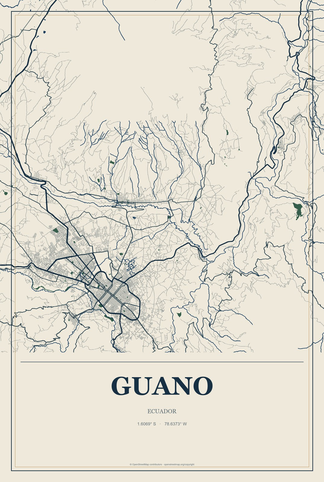 Guano, Ecuador City Map Aluminum Sign in Coastal Cutout style