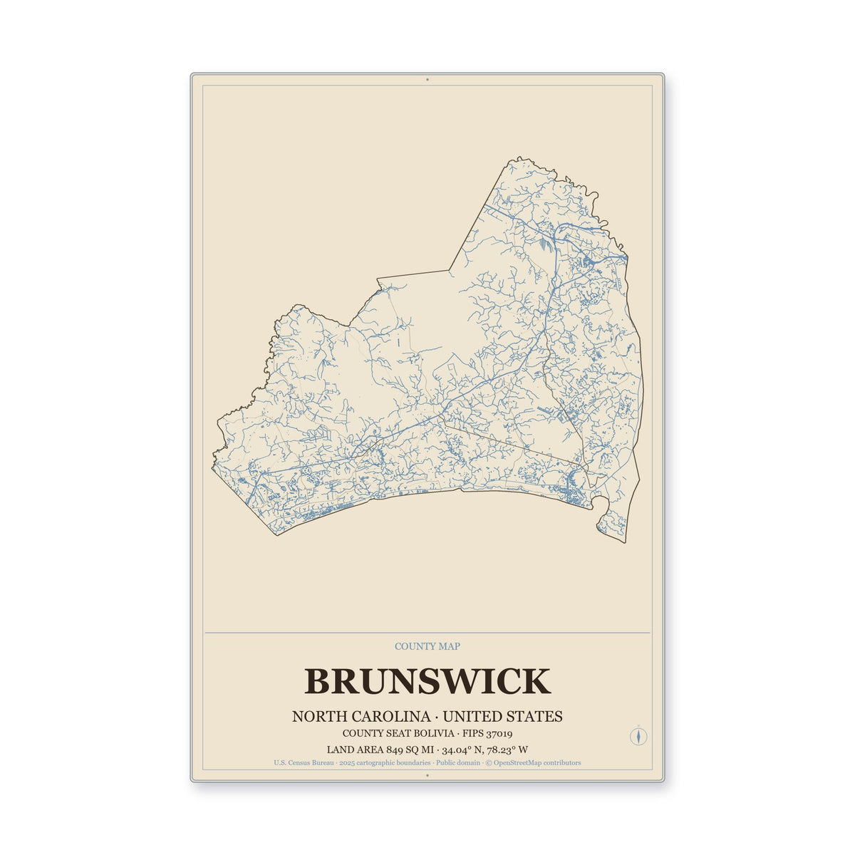 Brunswick County, North Carolina Map Aluminum Sign in Heritage Nautical style