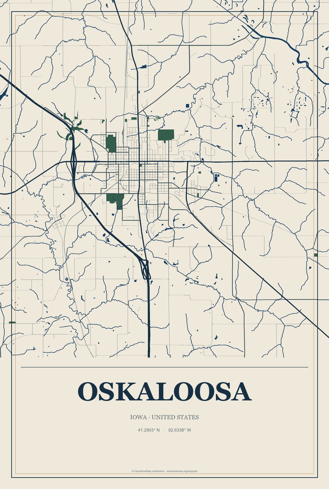 Oskaloosa, Iowa City Map Aluminum Sign in Coastal Cutout style