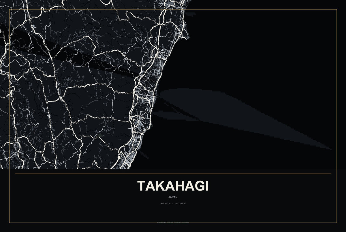 Takahagi, Japan City Map Aluminum Sign in Metropolitan Noir style