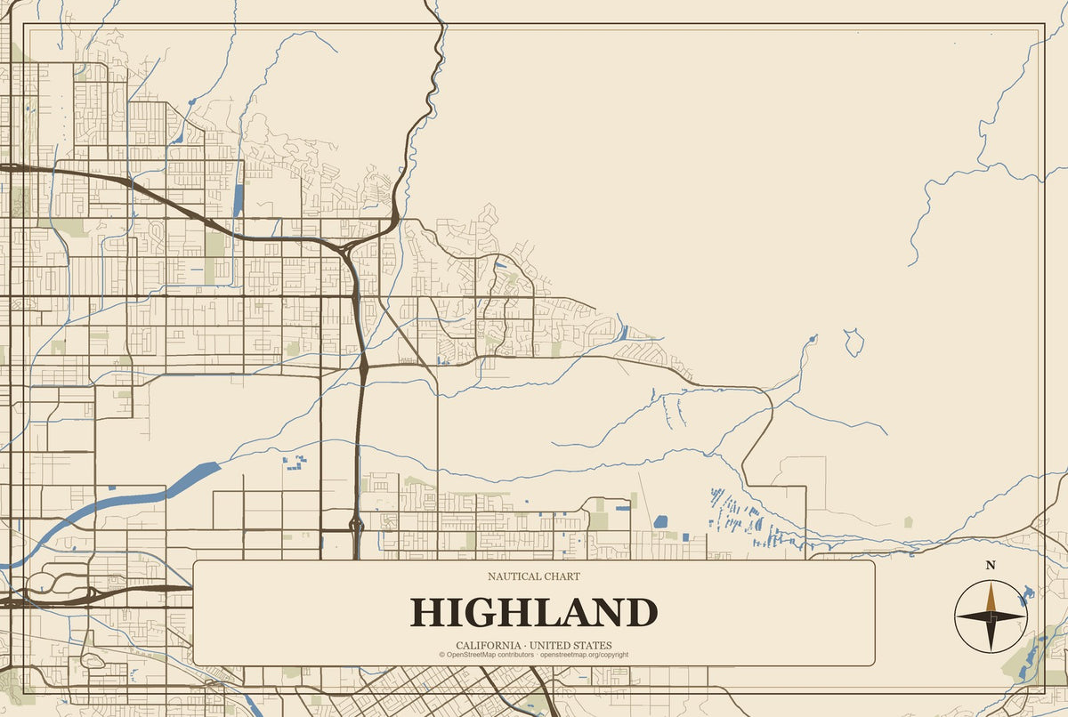 Highland, California City Map Aluminum Sign in Heritage Nautical style