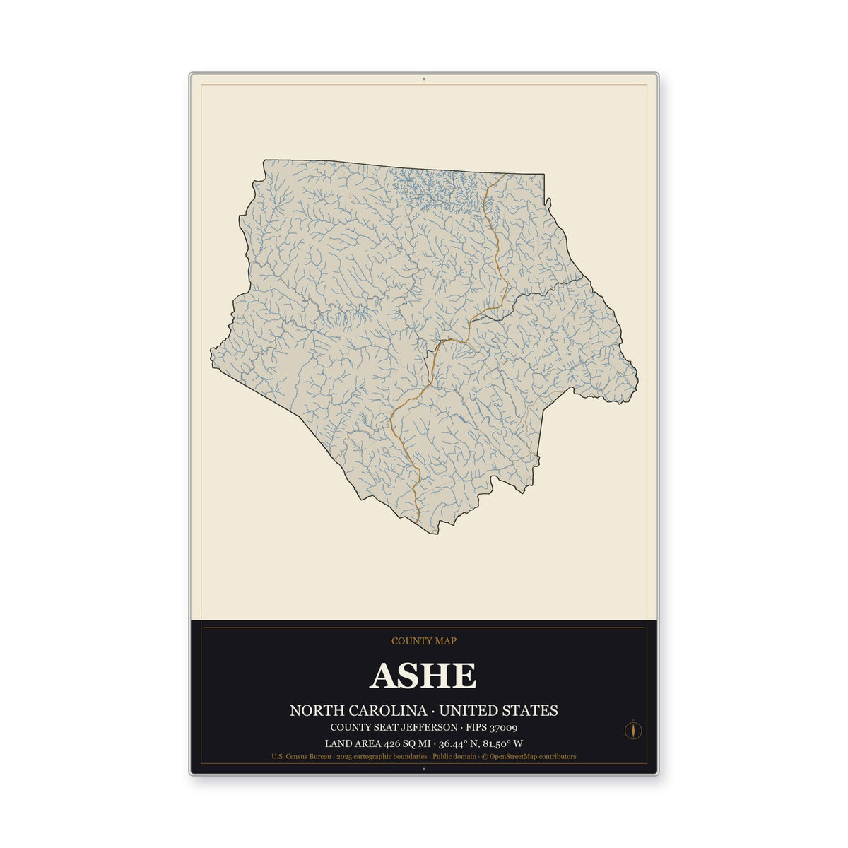 Ashe County, North Carolina Map Aluminum Sign in Museum Plaque style