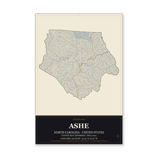 Ashe County, North Carolina Map Aluminum Sign in Museum Plaque style
