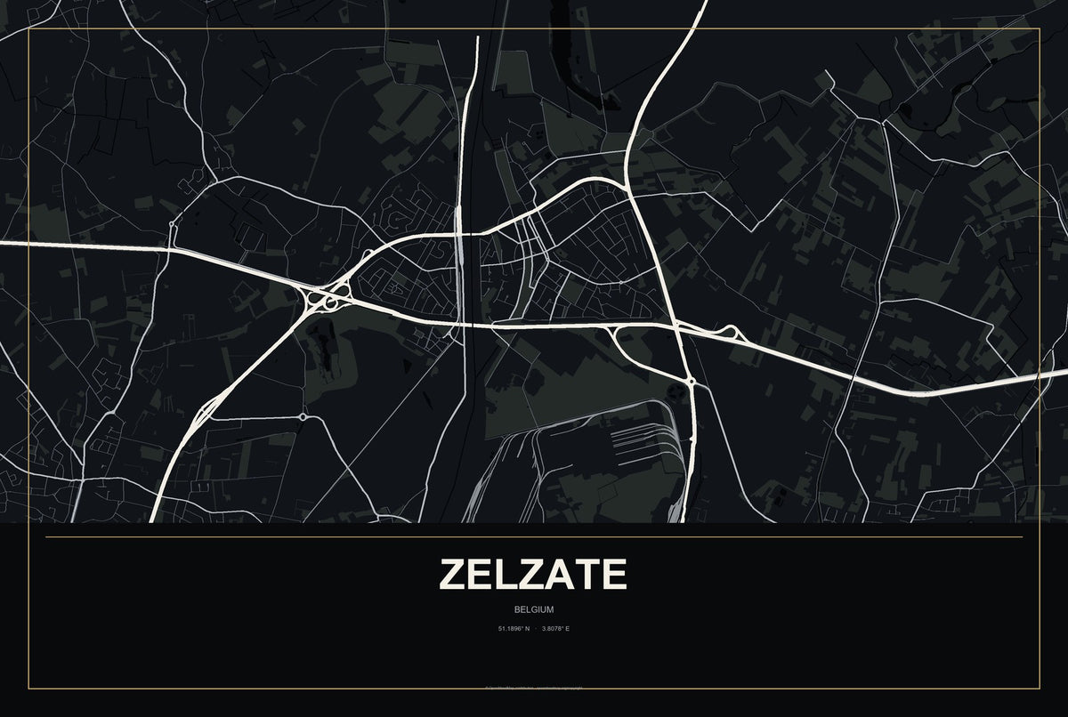 Zelzate, Belgium City Map Aluminum Sign in Metropolitan Noir style