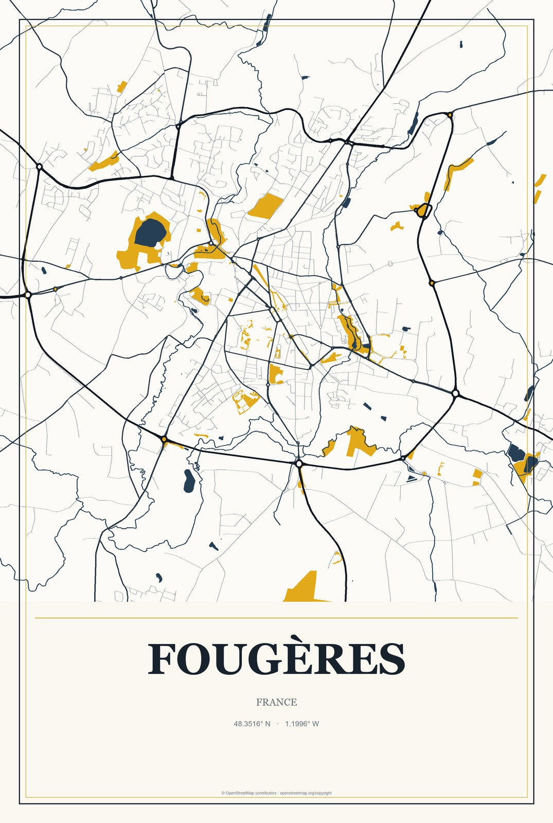 Fougères, France City Map Aluminum Sign in Citrine Modern style