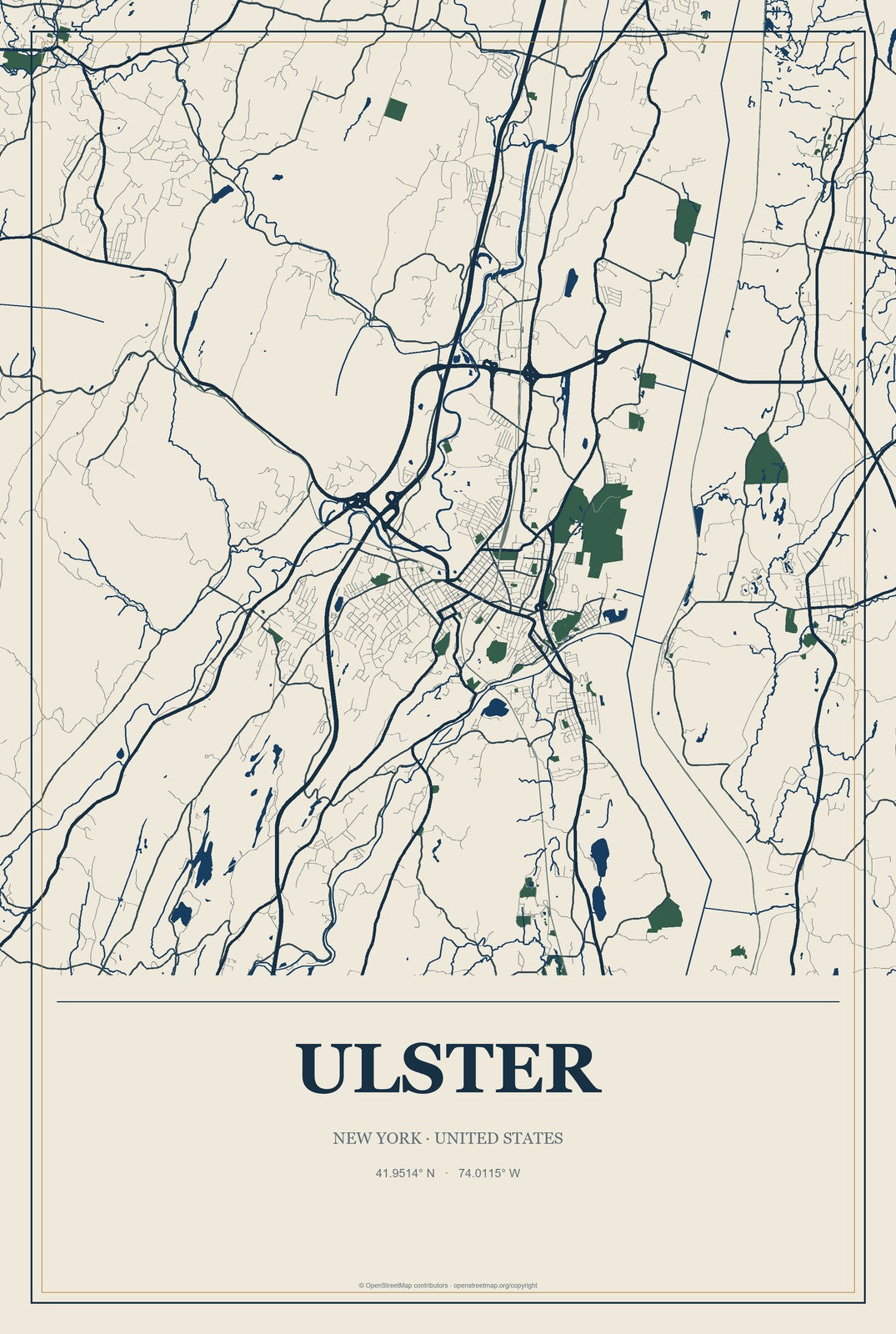Ulster, New York City Map Aluminum Sign in Coastal Cutout style