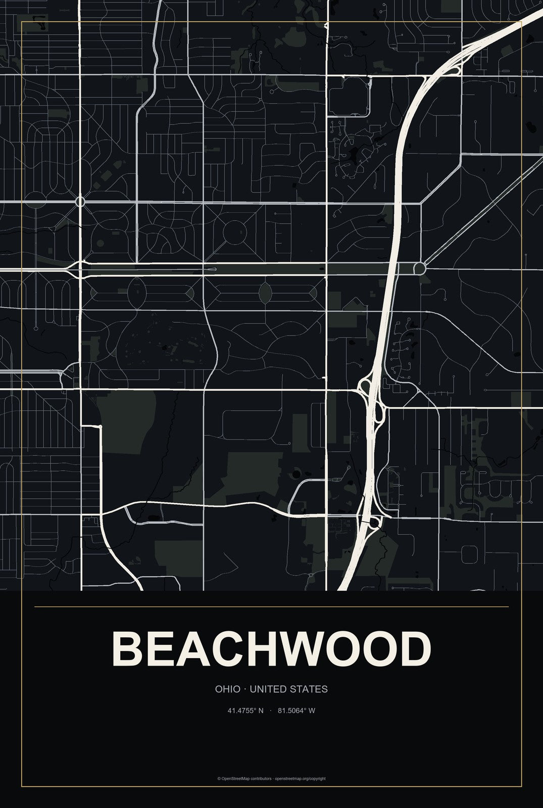 Beachwood, Ohio City Map Aluminum Sign in Metropolitan Noir style