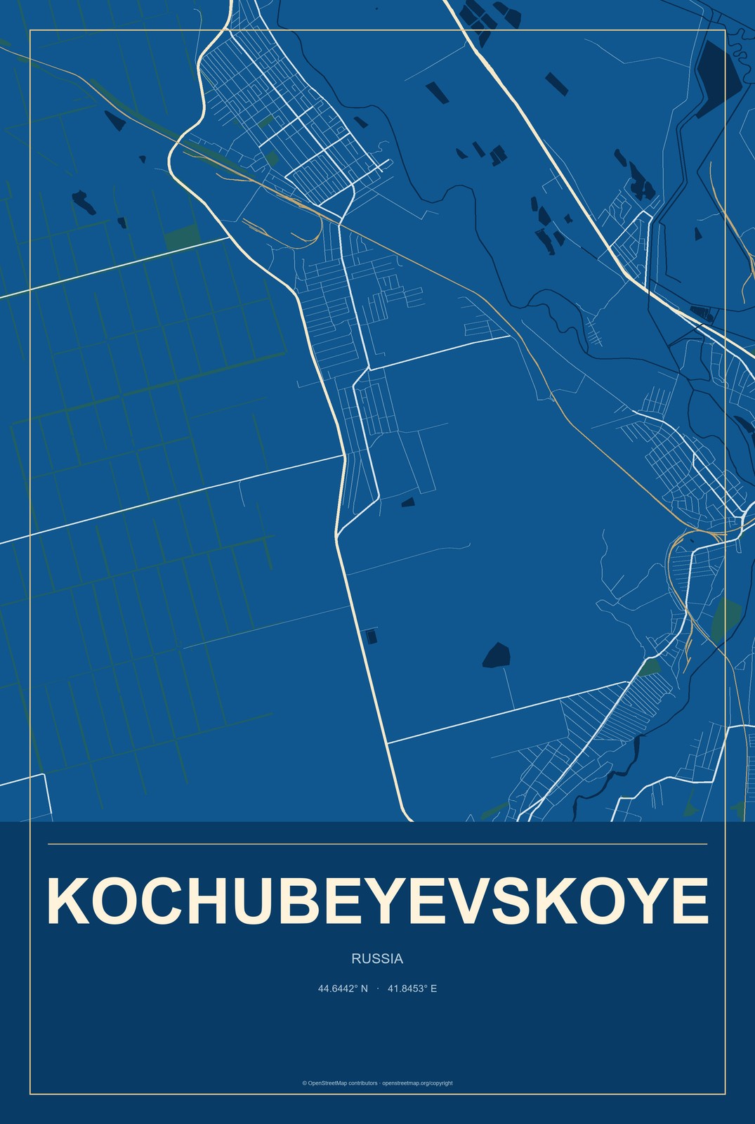 Kochubeyevskoye, Russia City Map Aluminum Sign in Harbor Cobalt style