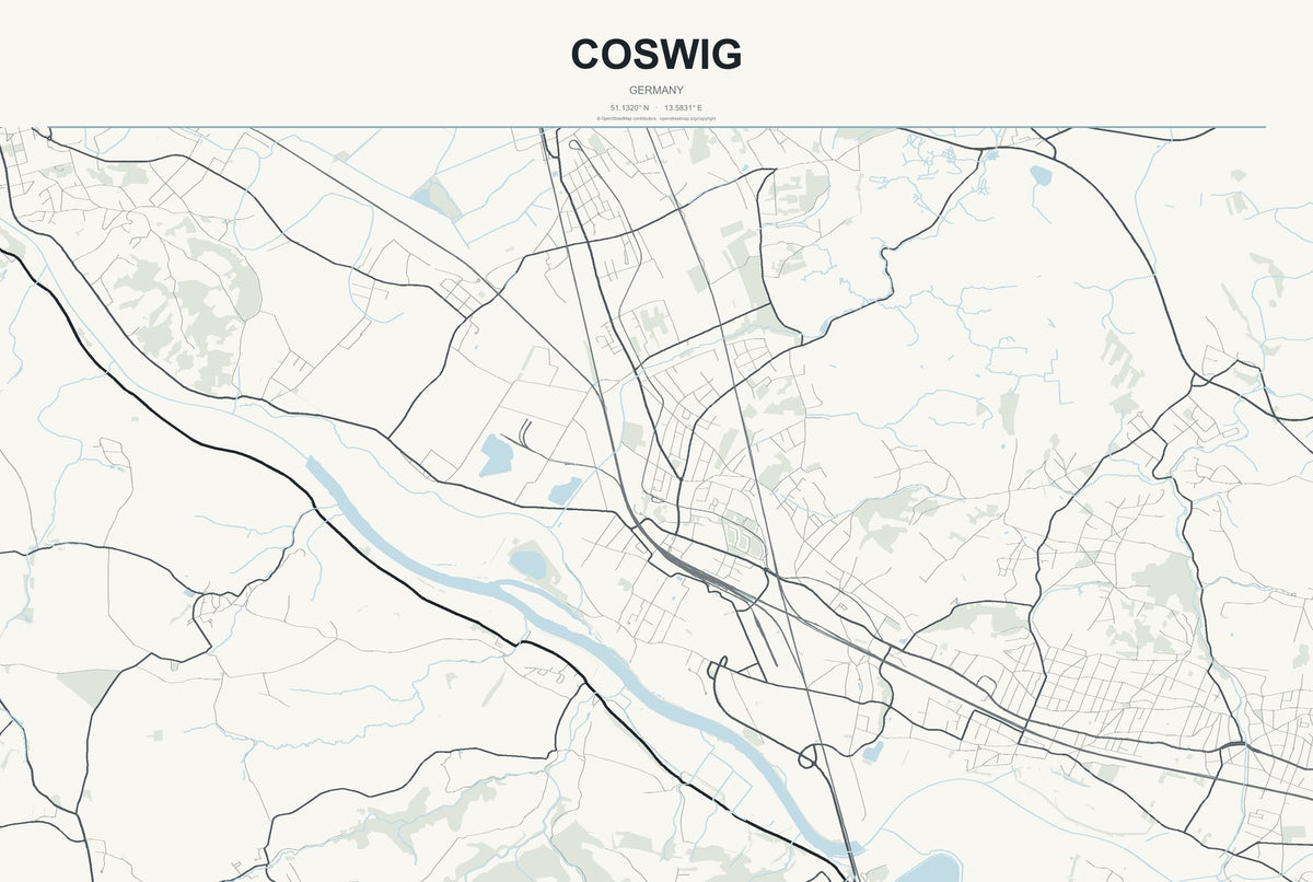 Coswig, Germany City Map Aluminum Sign in Headline Atlas style