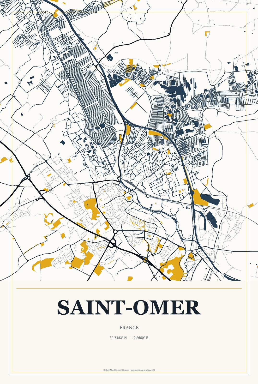 Saint-Omer, France City Map Aluminum Sign in Citrine Modern style
