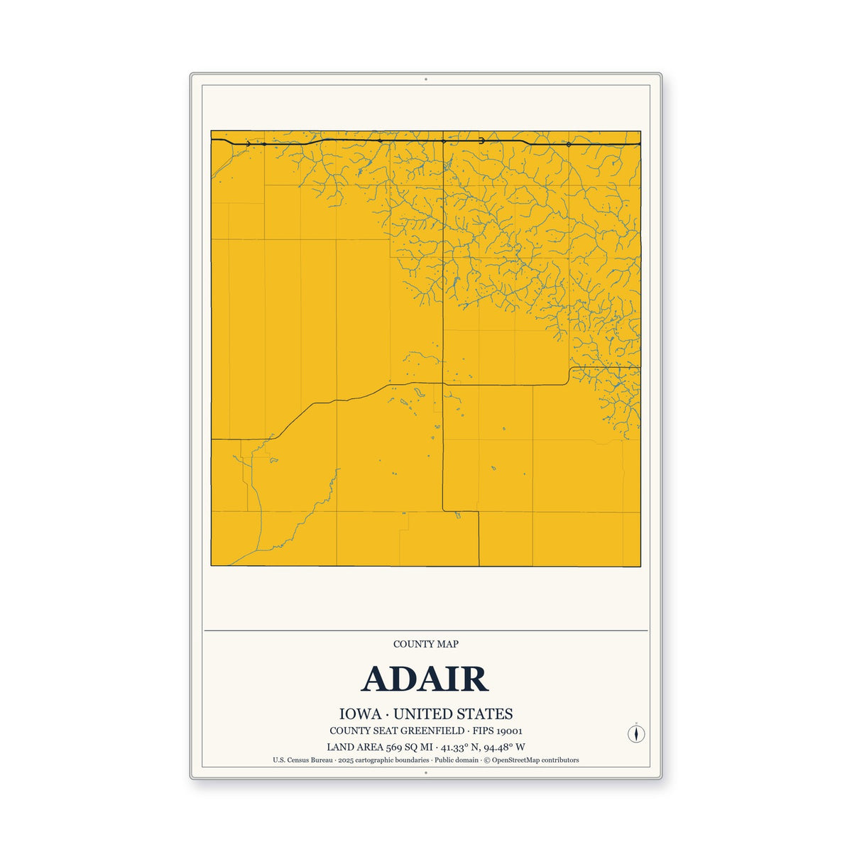 Adair County, Iowa Map Aluminum Sign in Citrine Modern style