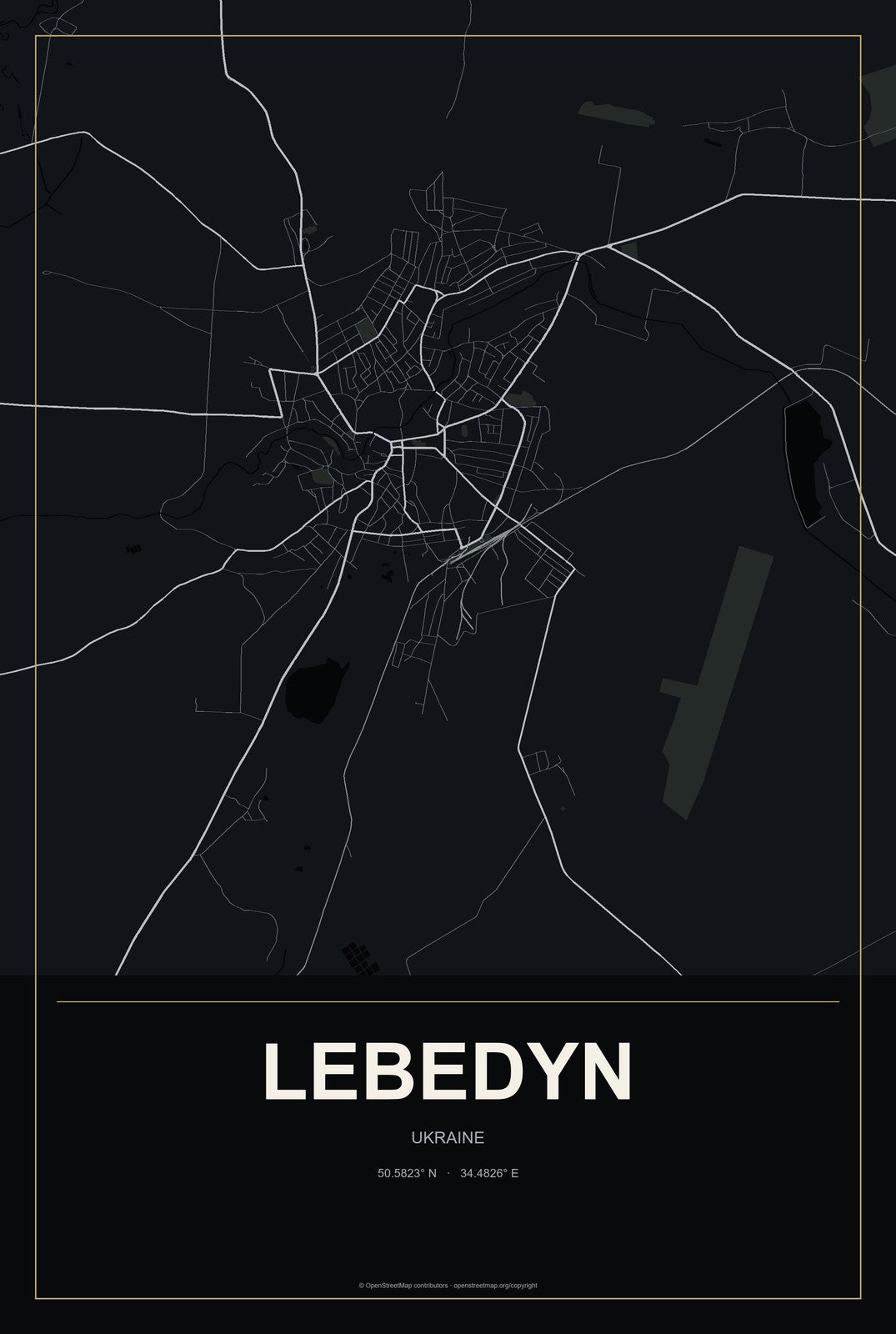 Lebedyn, Ukraine City Map Aluminum Sign in Metropolitan Noir style