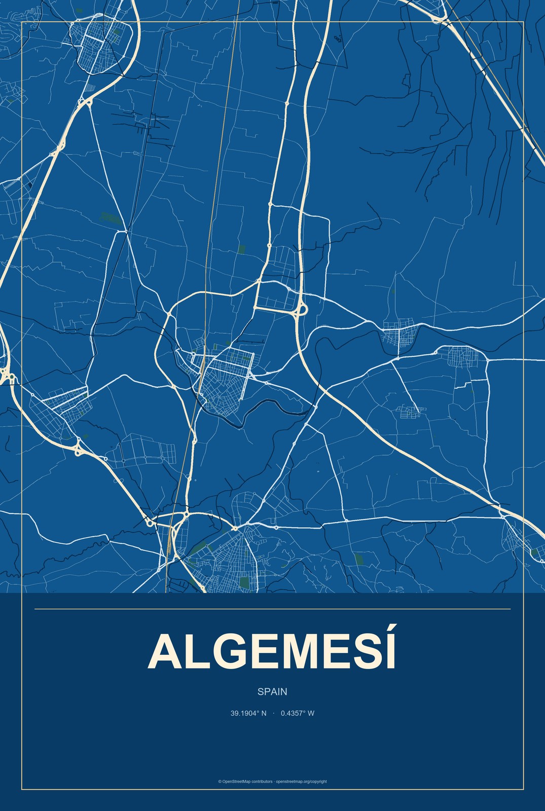 Algemesí, Spain City Map Aluminum Sign in Harbor Cobalt style