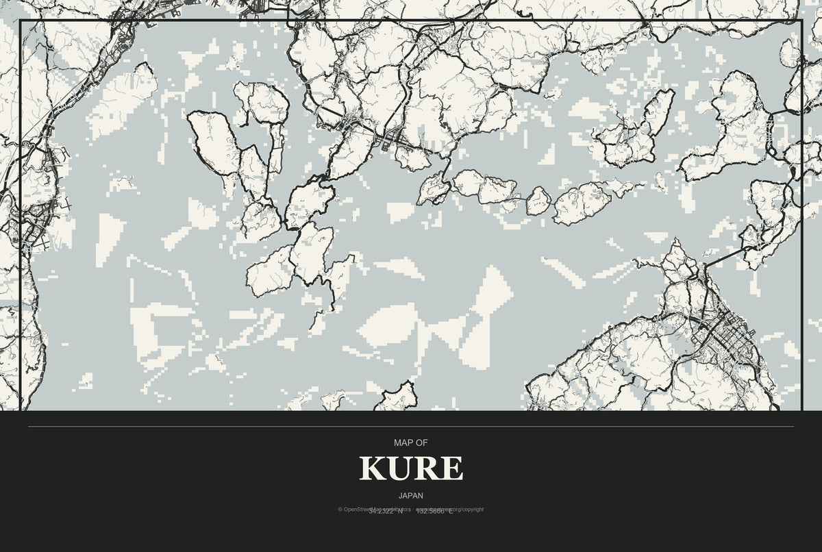 Kure, Japan City Map Aluminum Sign in Museum Plaque style